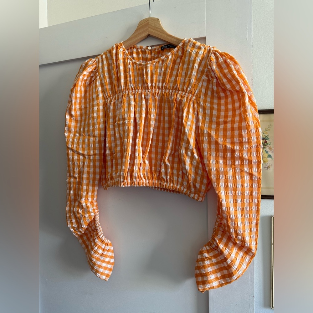 Orange Gingham Puff Sleeve Blouse